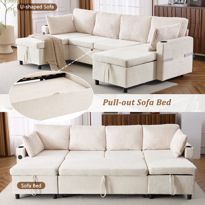 Sectional Sofa Bed With Pull Out Sleeper, USB Ports, Cup Holders