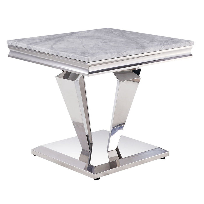 Satinka - End Table - Light Gray Printed Faux Marble Top & Mirrored Silver