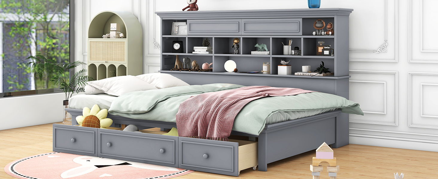 Twin Size Wood Daybed With Multi - Storage Shelves, Charging Station And 3 Drawers, Gray