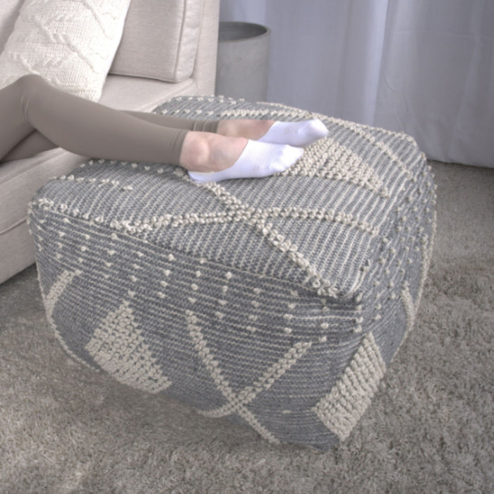 Diamond - Handcrafted Faux Yarn Pouf - Ivory / Gray