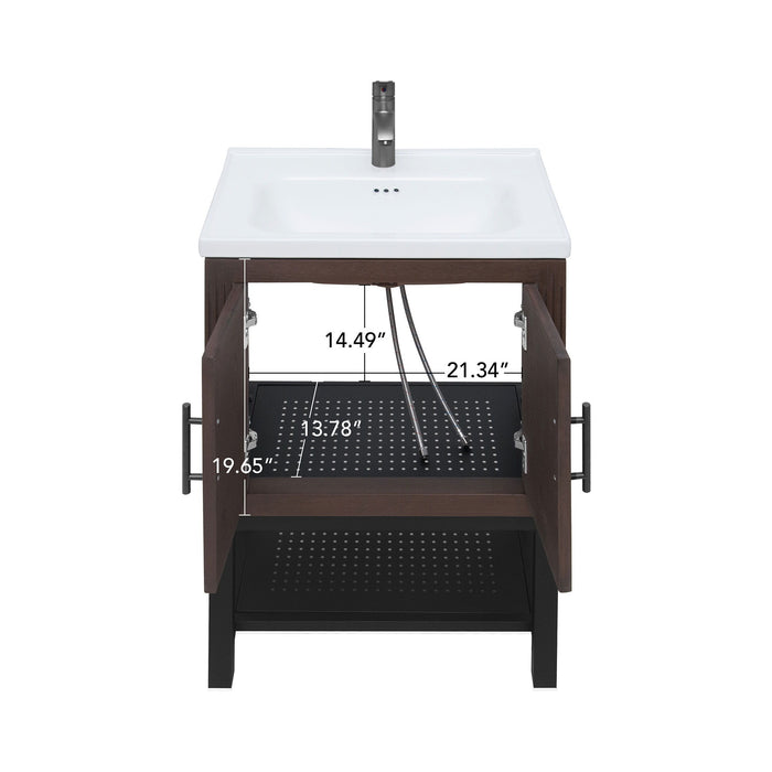 Modern Freestanding Bathroom Vanity With Ceramic Sink, Hot And Cold Faucet, Storage Cabinet & Open Shelf