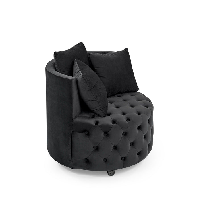 Modern Upholstered Swivel Chair With Button Tufted Design And Movable Wheels