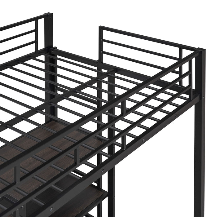 Metal Loft Bed With Desk, 3 Shelves And Ladder