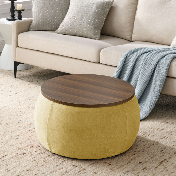 Round Storage Ottoman, 2 In 1 Function, Work As End Table And Ottoman, Yellow