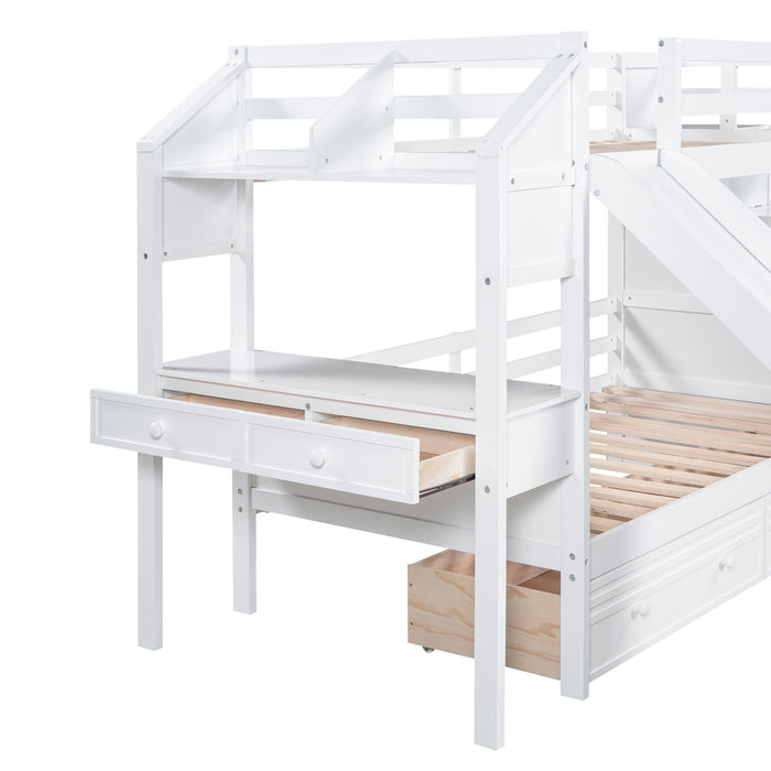 Bunk Bed With Storage Staircase, Slide, Desk, Drawers, And Shelves