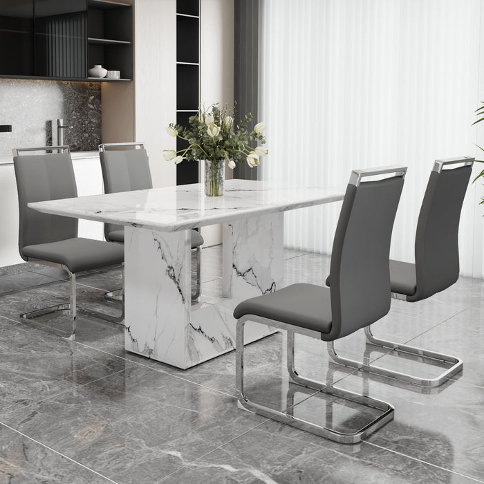 A Simple Dining Table. A Dining Table With A White Marble Pattern 4 PU Synthetic Leather High Backrest Cushioned Side Chairs With C-Shaped Silver Metal Legs