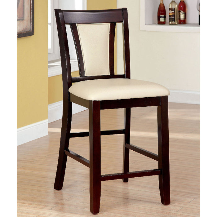 (Set of 2) Padded Ivory Leatherette Counter Height Chairs In Dark Cherry Finish