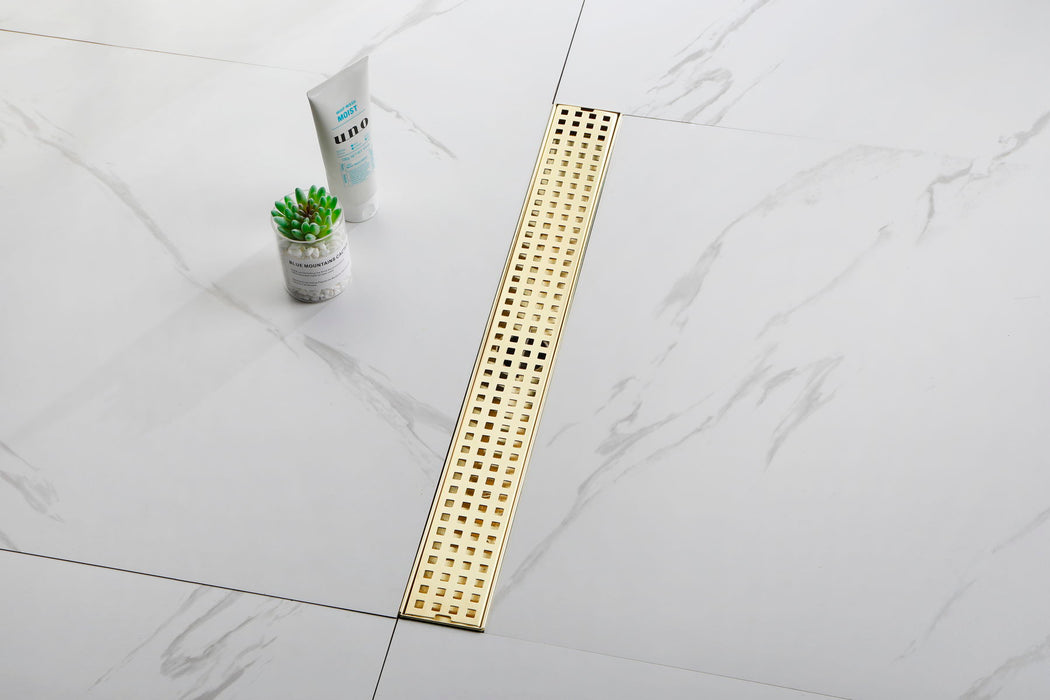 Square Shower Floor Drain With Flange, Pattern Grate Removable, Food - Grade SUS 304 Stainless Steel - Gold