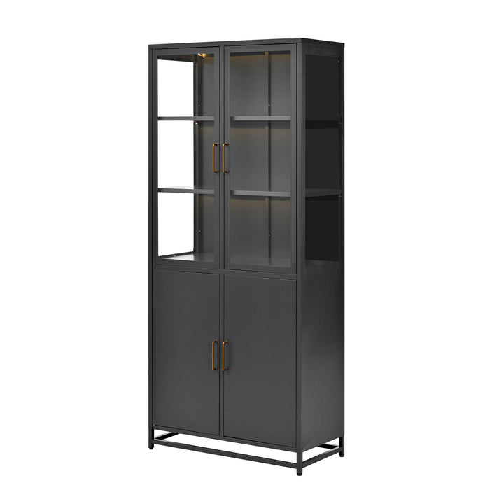 Modern Style Tall Steel Display Cabinet With Double Glass Doors, LED Lights