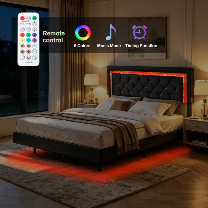 Platform Bed Frame With Adjustable Upholstered Headboard, RGB LED Lights, No Box Spring Needed