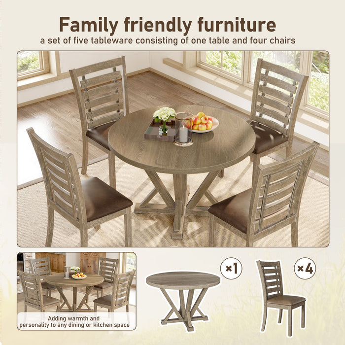 5 Pieces Table Set Round Dining Table Solid Wood Modern Farmhouse Rustic Look Distressed Look - Grayish Brown