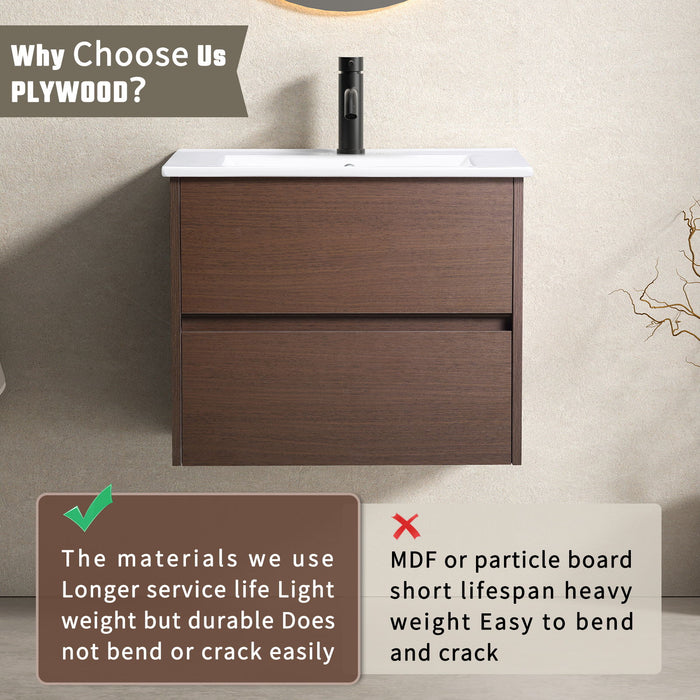 Wall-Mounted Bathroom Vanity, Soft-Close Drawer, Premium Slides - Black Brown