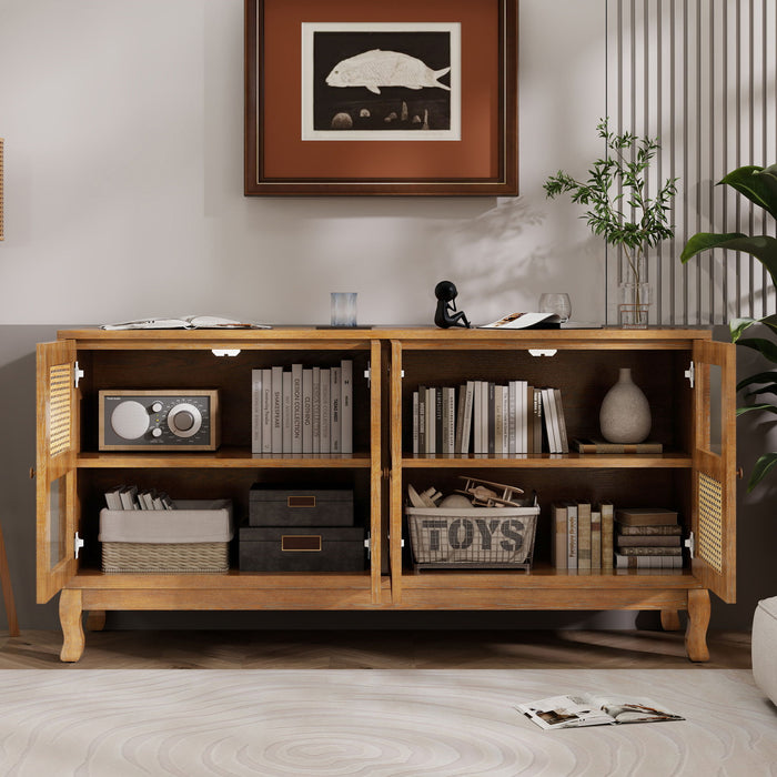 Retro Industrial 4 Door Sideboard With Large Storage, Rattan And Glass Doors