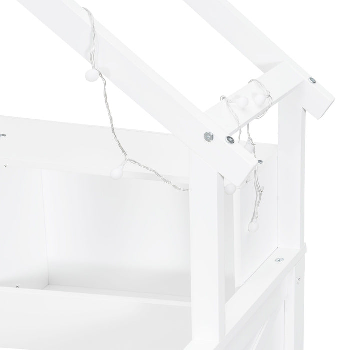 House Style Platform Bed With LED Lights, Storage Shelves, Drawers, And Guardrail