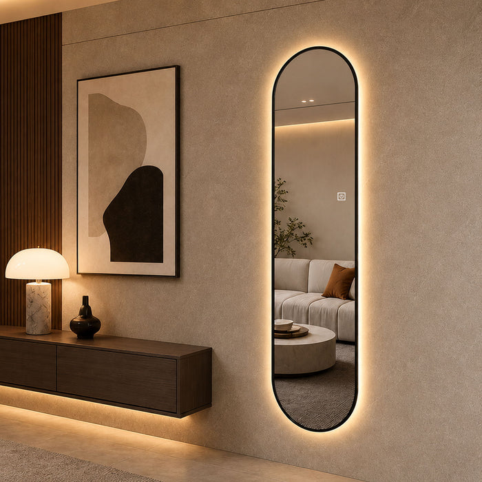 Capsule Shaped Dimmable LED Full Length Wall Mirror With Frame - Silver