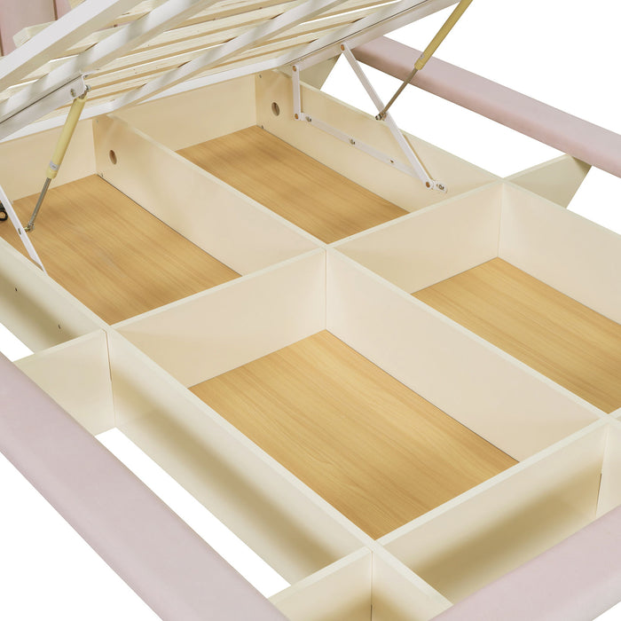 Upholstered Floating Hydrualic Platform Bed With LED Light And USB Port