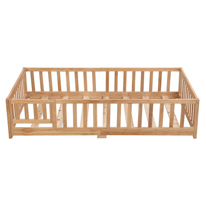 Solid Wood Floor Bed With Door And Fence For Children