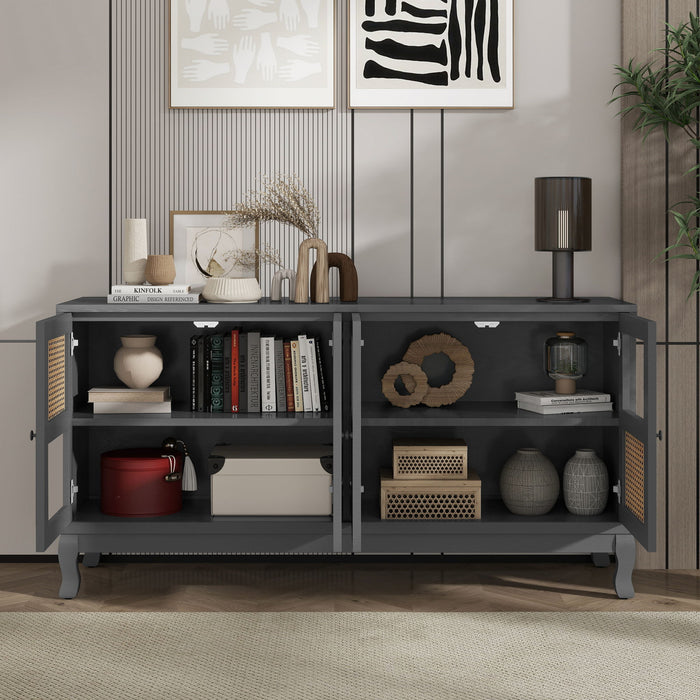 Retro Industrial 4 Door Sideboard With Large Storage, Rattan And Glass Doors