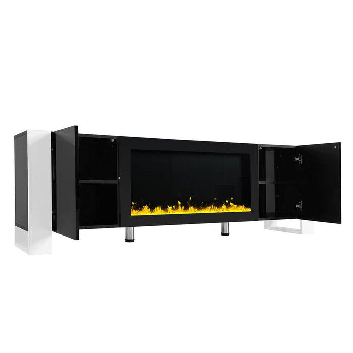 On Trend Modern TV Stand With 34.2" Non - Heating Electric Fireplace, High Gloss Entertainment Center With 2 Cabinets, Media Console For TVs Up To 78" , Black