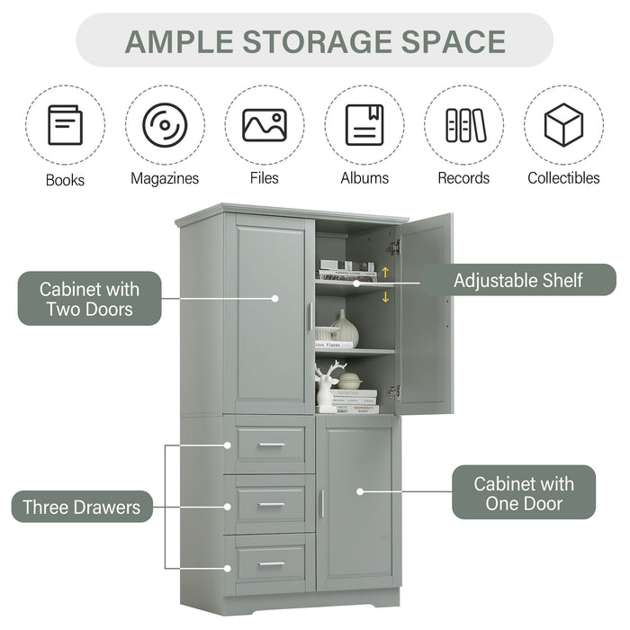 Tall Wide Storage Cabinet With Doors, 3 Drawers