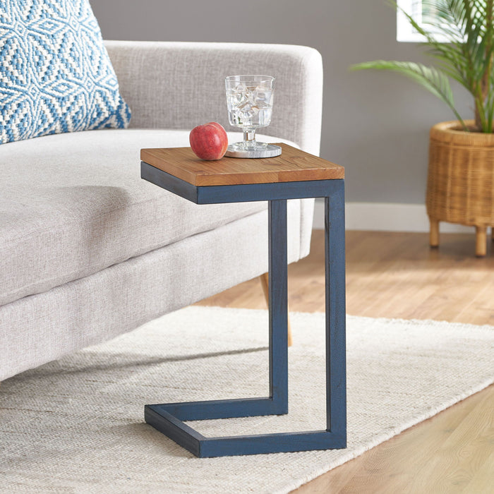 Small C Shaped End Table With Iron Base And Fir Wood Top - Black