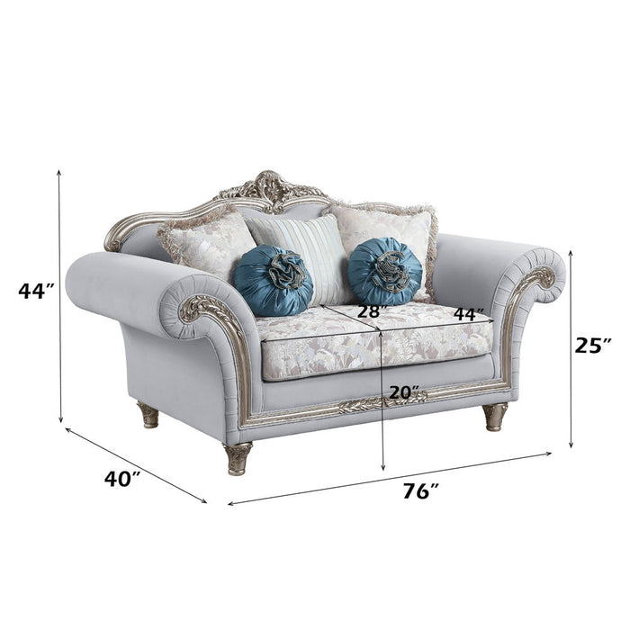 Pelumi - Loveseat With 5 Pillows - Light Gray Linen & Platinum