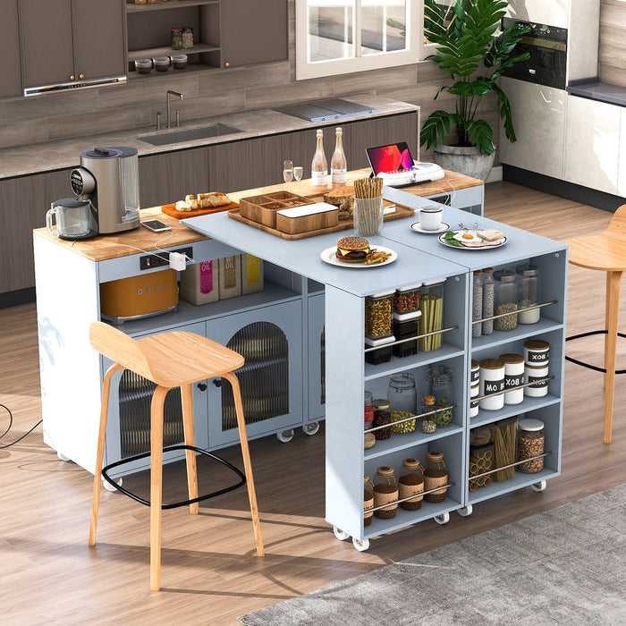 K & K Rolling Kitchen Island With Extended Table, Kitchen Island On Wheels With LED Lights, Power Outlets And 2 Fluted Glass Doors, Kitchen Island With A Storage Compartment And Side 3 Open Shelves, Grey