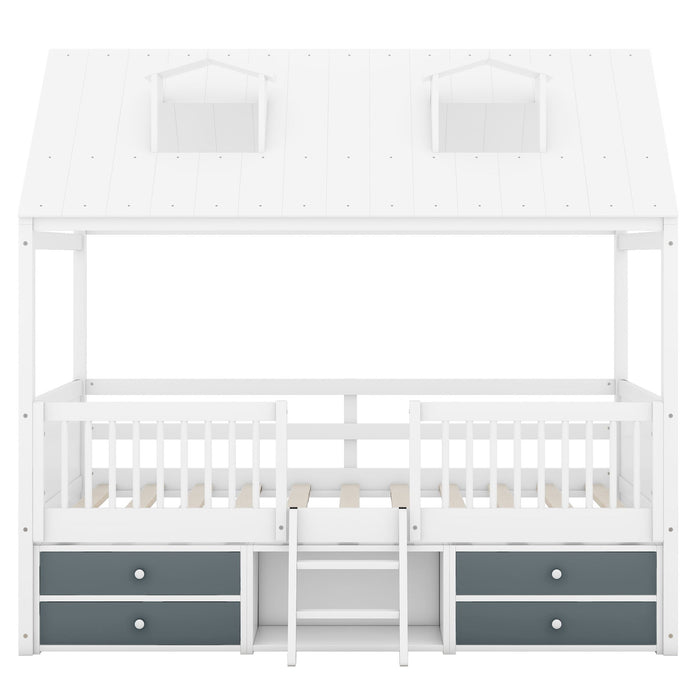 Full Size Wood Bed House Bed Frame, White