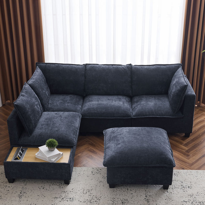 U-Shaped Sectional Modular Sofa With A Movable Ottoman, A Coffee Table With Hidden Charging Devices For Living Room
