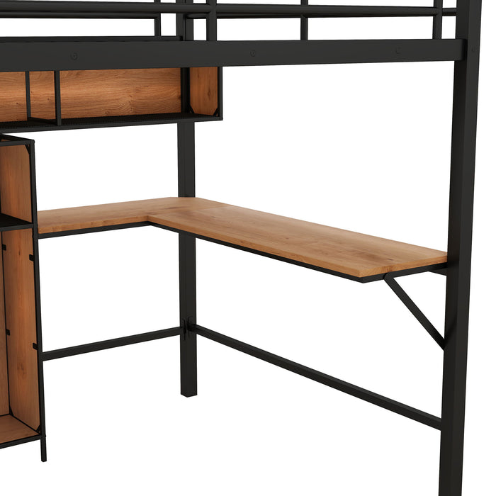 Full Size & Loft Bed With L-Shaped Desk And Shelves - Black
