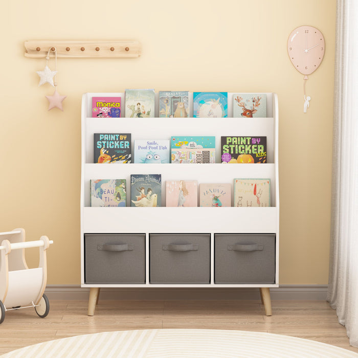 Bookshelf With 3 Storage Bins, Book Display Organizer, Front Facing Book Rack - White