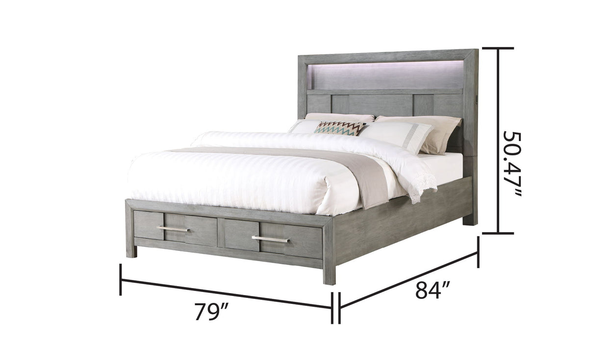 Kenzo Modern Style King 4 Piece Storage Bedroom Set Made With Wood, LED Headboard, Bluetooth Speakers & USB Ports - Grey
