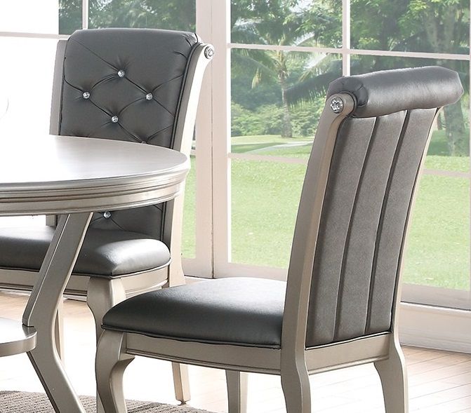 Luxury Antique Silver Wooden (Set of 2) Dining Side Chairs Gray Faux Leather / PU Tufted Upholstered Cushion Chairs