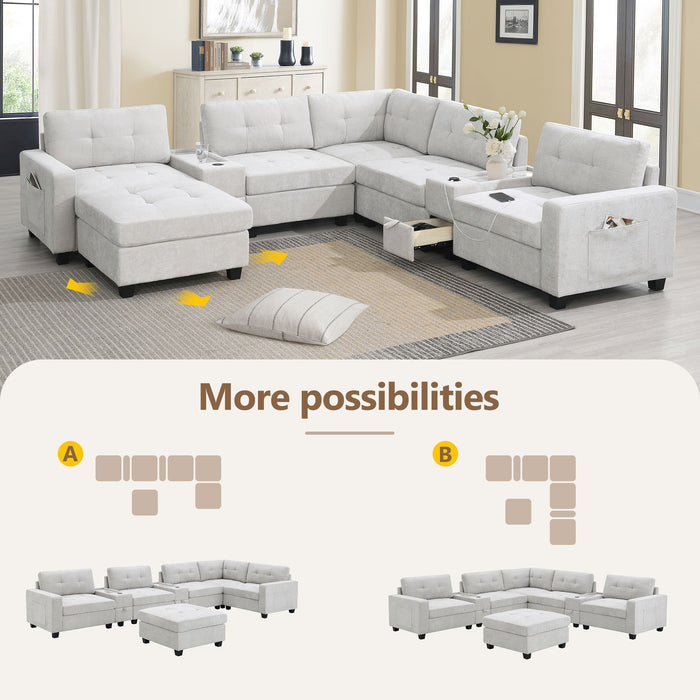Sectional With Acrylic Table Top U Shaped Couch Set With 2 Consoles USB Charger, Storage Drawers And Pockets Movable Ottoman Tufted Sofa