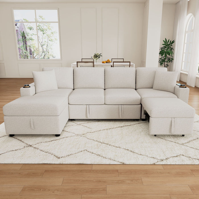 Sectional Sofa Convertible Pull-Out Bed With Storage Ottoman & USB Ports