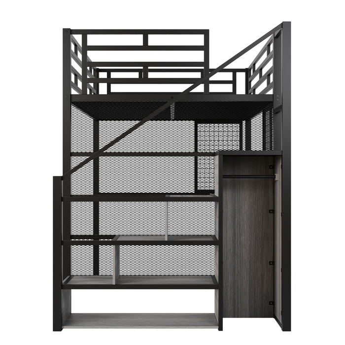 Metal Loft Bed With Wardrobe, Desk, Storage Shelves