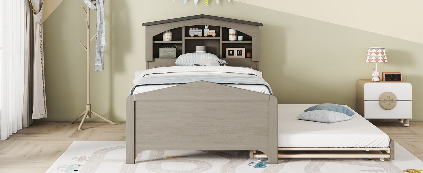 Twin Size Wood Platform Bed With House Shaped Storage Headboard And Trundle, Gray