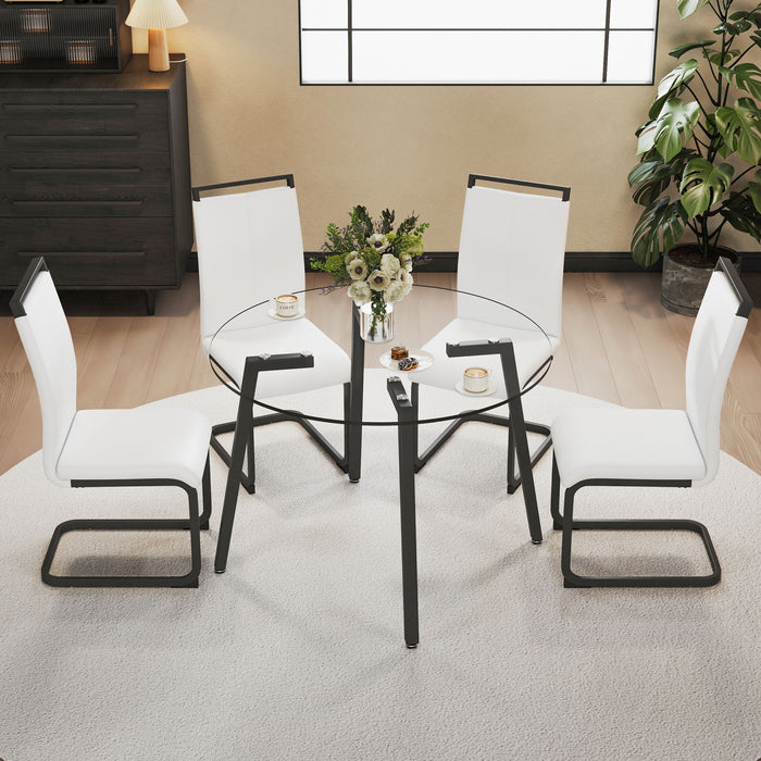 Modern Simple Style Round Transparent Tempered Glass Table, Black Metal Legs, 4 Modern PU Leather High Backrest Cushioned Side Chairs, C Tube Chrome Legs