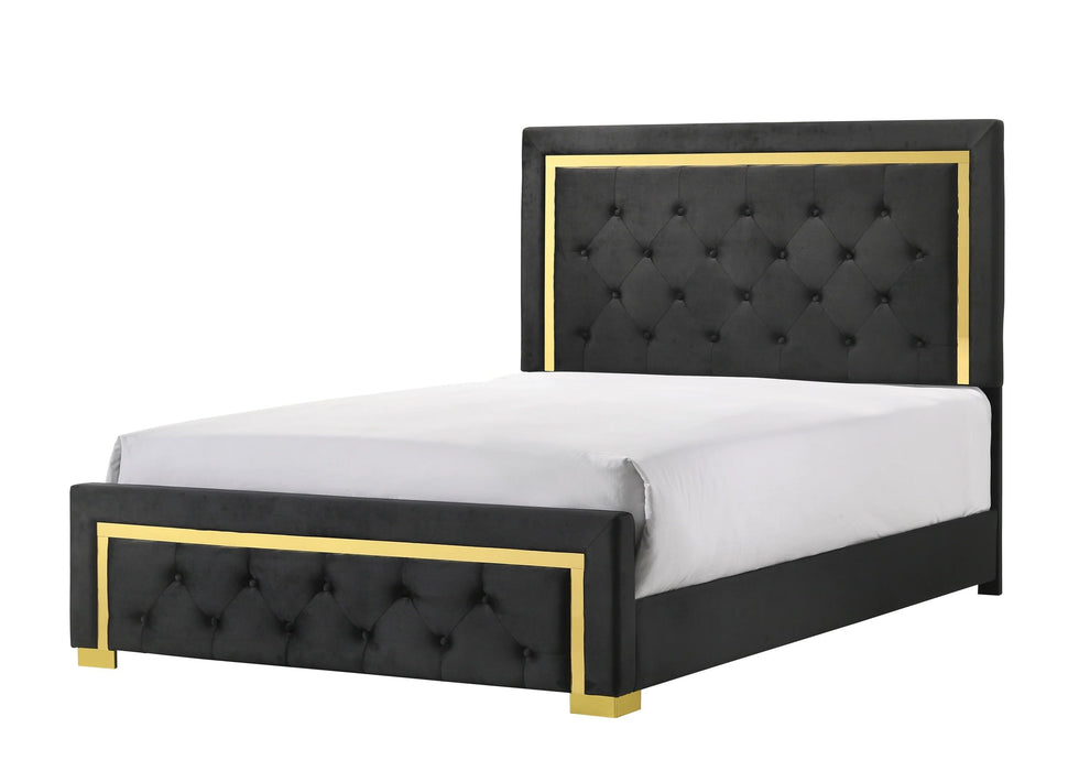 Contemporary Glam Queen Black Fabric Upholstered Panel Queen Bed Black Fabric Gold Legs Bedroom Furniture