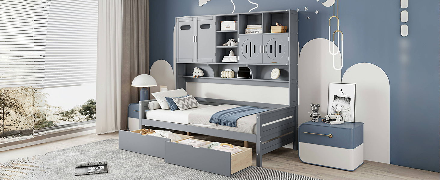 Daybed With All-In-One Cabinet And Shelf