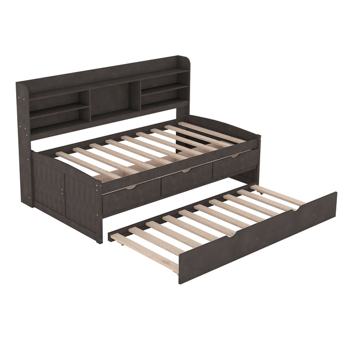 Captain Bed With Built In Bookshelves, 3 Storage Drawers, And Trundle