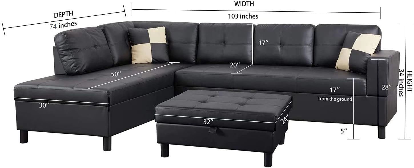 3 Pc Sectional Sofa Set (Black) Faux Leather Left Facing Sofa With Free Storage Ottoman