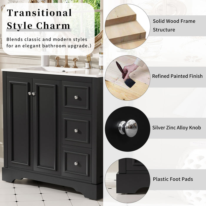 Bathroom Vanity With Sink, Soft-Close Doors, Adjustable U-Shelf, 3 Drawers