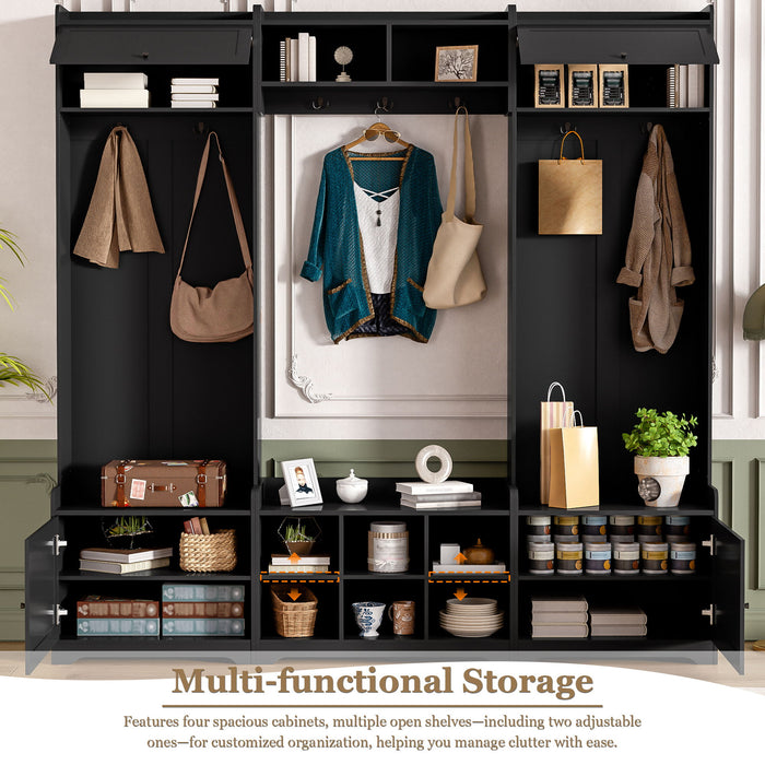 Wide Hall Tree With Shoe Storage, 4 In 1 Entryway Bench With 8 Cubbies, 7 Coat Hooks & Adjustable Shelf For Hallway - Black