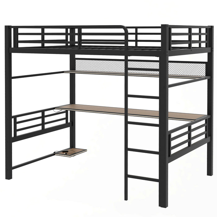 Full Size Loft Bed Frame With Storage Shelf And LED Light - Black