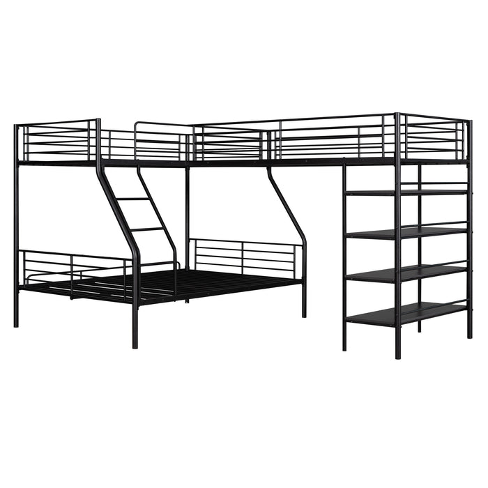 L-Shaped Twin Over Full Bunk Bed And Twin Loft Bed With 4 Built In Shelves - Black