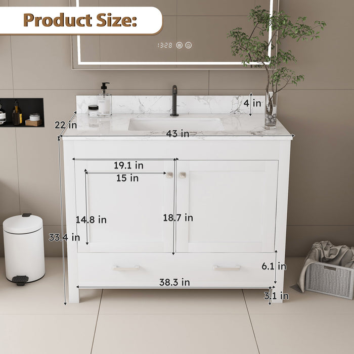 43" Bathroom Vanity With Artificial Marble Carrara Top Set, Multi Functional Cabinet With Doors And Drawer - White