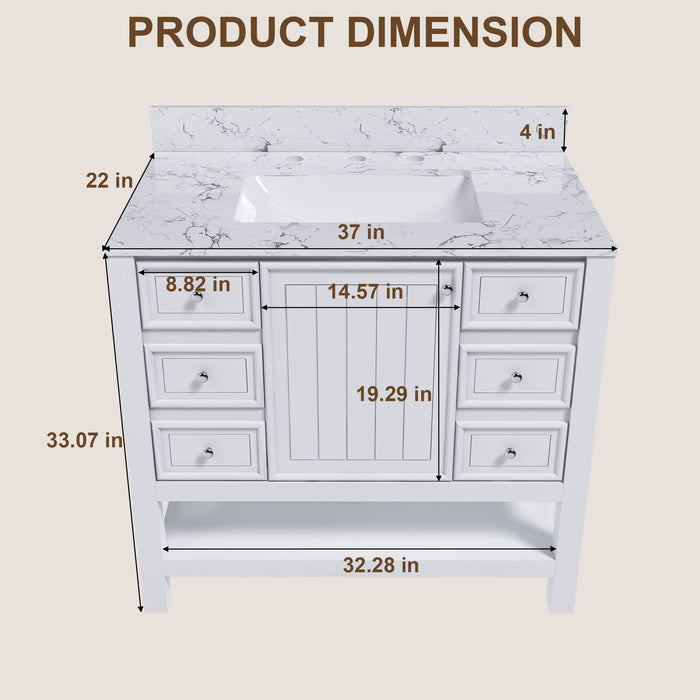 37" Bathroom Vanity With Artificial Marble Carrara Top, Multi Functional Cabinet With Doors And Drawer - White