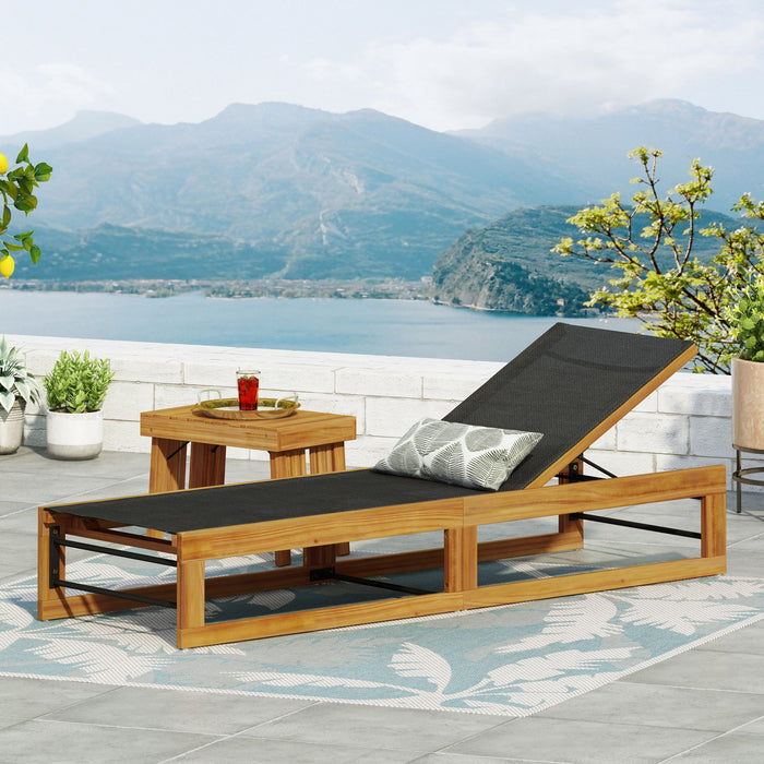 Outdoor Chaise Lounge With Acacia Wood Frame And Mesh Seat - Teak