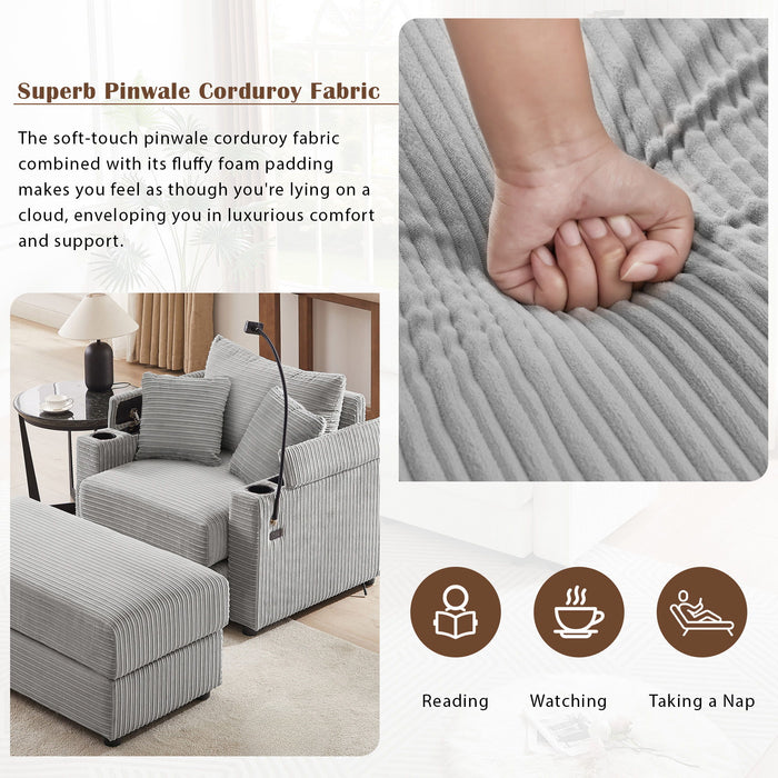 Single Sofa Couch With Storage Space, Movable Ottoman, USB Ports, Cup Holders, Phone Holder